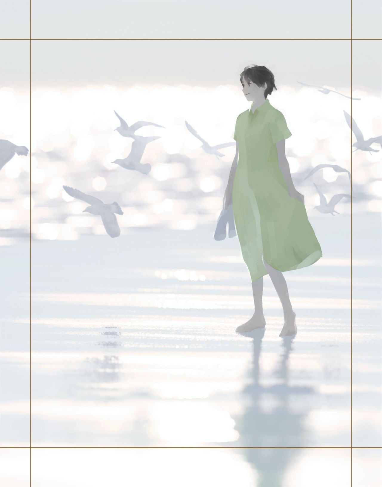 1girl, animal, barefoot, beach, bird, black_hair, collared_dress, dress
