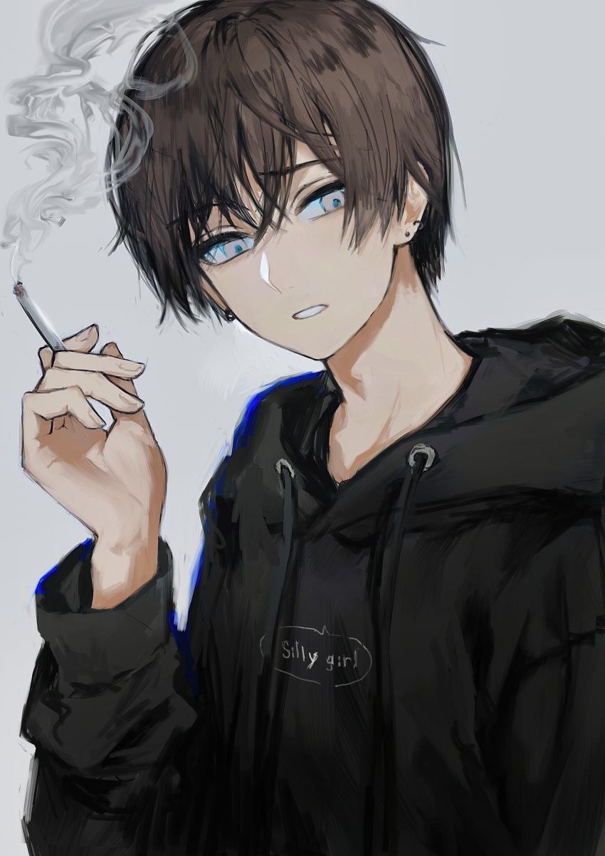 1boy, absurdres, black_hoodie, brown_hair, cigarette, commentary_request, drawstring, ear_piercing, english_text, eyebrows_visible_through_hair, from_side, grey_background, grey_eyes, hand_up, highres, hood, hood_down, hoodie, looking_at_viewer, male_focus, original, parted_lips, piercing, raised_eyebrow, short_hair, simple_background, smoke, smoking, solo, suechiee, teeth, upper_body