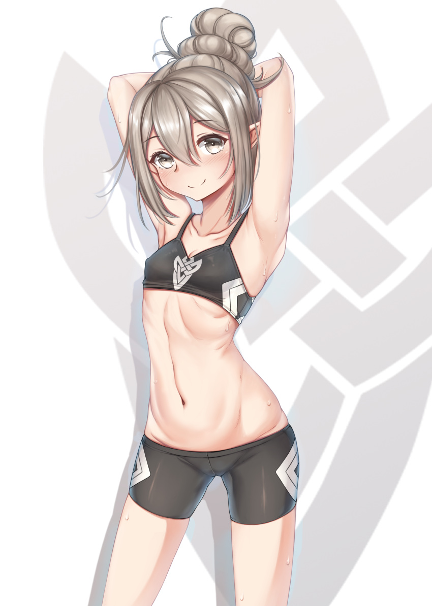 1girl, absurdres, armpits, arms_behind_back, arms_up, blush, brown_eyes, brown_hair
