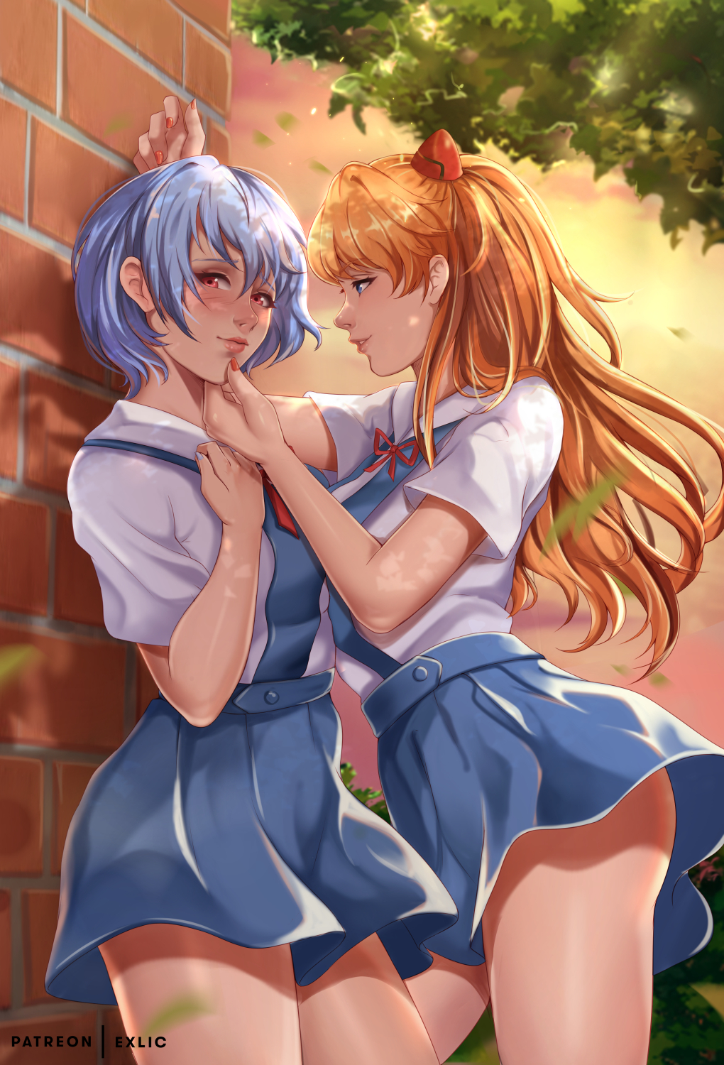 2girls, artist_name, ayanami_rei, bare_legs, blue_eyes, blue_hair, blue_nails, blue_skirt