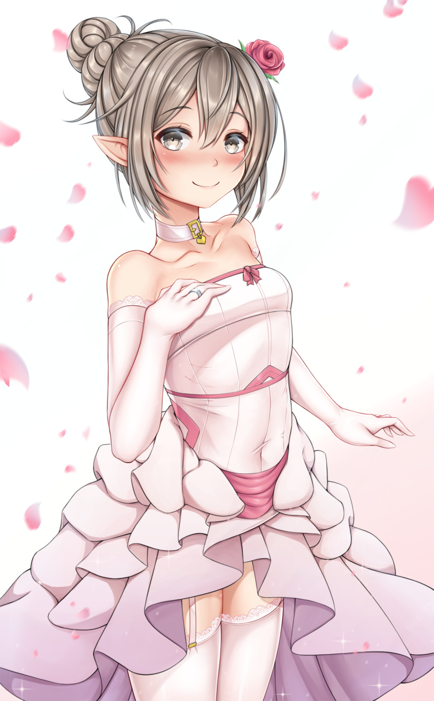 1girl, bare_shoulders, blush, brown_eyes, brown_hair, cher_i, closed_mouth, collar, collarbone, covered_navel, dress, elbow_gloves, eyebrows_visible_through_hair, fire_emblem, fire_emblem_fates, flower, frilled_gloves, frilled_legwear, frills, garter_belt, glint, gloves, hair_between_eyes, hair_flower, hair_ornament, heart, heart_collar, highres, jewelry, kana_(fire_emblem), kana_(fire_emblem)_(female), long_hair, looking_at_viewer, petals, pink_collar, pink_dress, pink_flower, pink_gloves, pink_legwear, pink_rose, pointy_ears, ring, rose, smile, solo, thigh-highs, tied_hair, wedding_dress