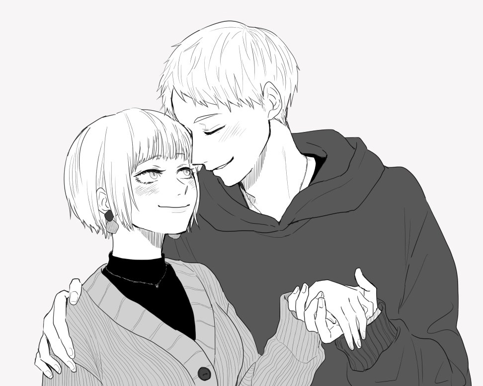 1boy, 1girl, black_hoodie, black_shirt, blush, buttons, closed_eyes, couple