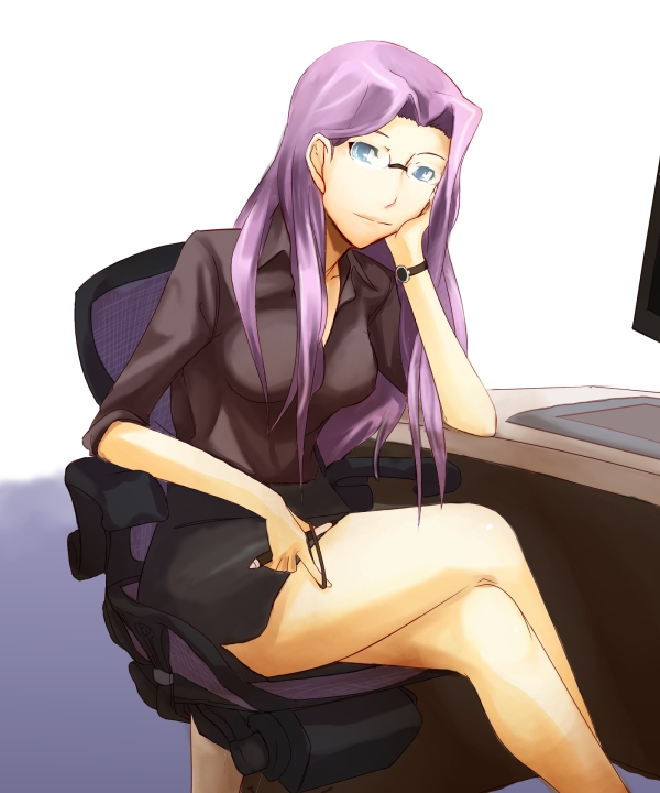 chin_rest, crossed_legs, fate/stay_night, fate_(series), glasses, legs, mochi_suki, office_lady