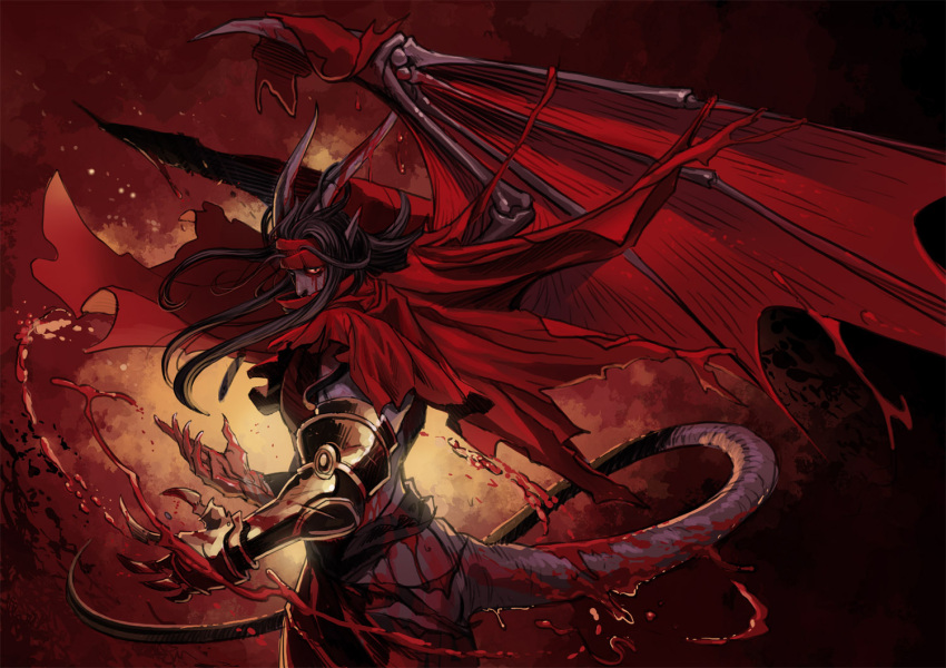 black_hair, black_skin, blood, clawed_gauntlets, claws, cloak, colored_skin, demon