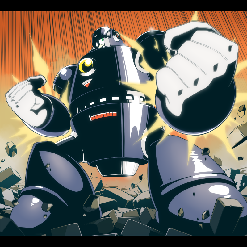 1boy, android, armor, clenched_hands, commentary_request, debris, dust_cloud, emphasis_lines