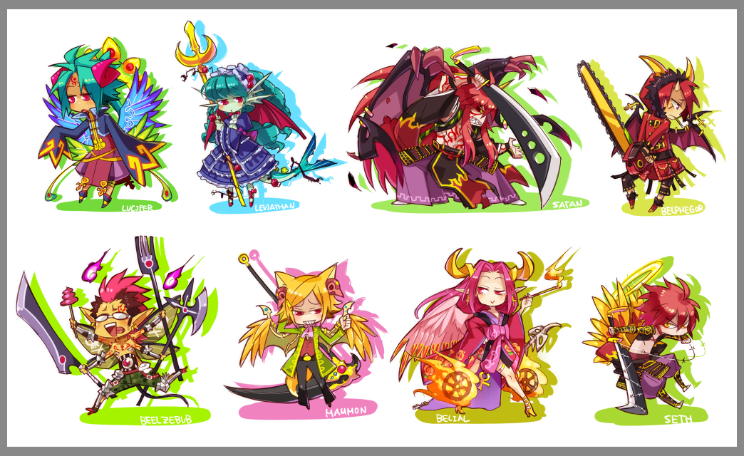 beelzebub_(mygrimoire), belial_(mygrimoire), belphegor_(mygrimoire), blonde_hair, blue_hair, chainsaw, chibi, dress, drill_hair, fork, frills, halo, horns, kusazuri, kyousaku, leviathan_(mygrimoire), long_hair, lucifer_(mygrimoire), mammon_(mygrimoire), monster_girl, mygrimoire, oni, original, pink_hair, red_eyes, red_hair, redhead, satan_(mygrimoire), scythe, short_hair, smile, sword, weapon, wings
