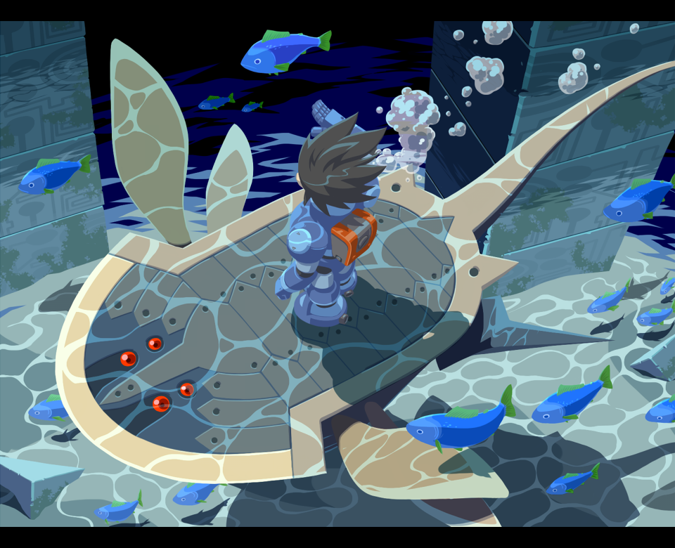 1boy, air_bubble, android, animal, arm_at_side, armor, backpack, bag