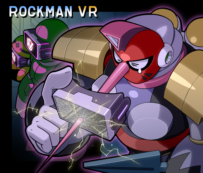 2boys, android, armor, black_border, border, broken, closed_eyes, commentary_request, copyright_name, electricity, english_commentary, failure, gloves, hand_up, head_mounted_display, holding, letterboxed, long_nose, male_focus, mask, mega_man_(classic), mega_man_(series), mega_man_8, met_(mega_man), mixed-language_commentary, multiple_boys, napo, robot, robot_ears, shoulder_armor, sniper_joe_(mega_man), tearing_up, tengu_man, virtual_reality, white_gloves