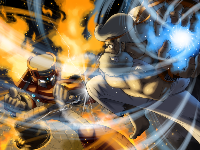 2boys, alternate_hair_length, alternate_hairstyle, android, armor, barefoot, beard, clenched_hands