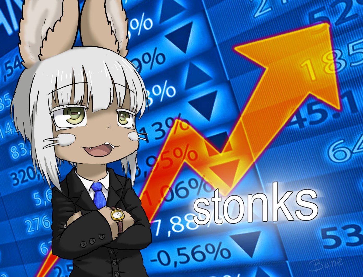 1other, :3, :d, animal_ears, blue_neckwear, bune_poster, english_commentary, formal, furry, made_in_abyss, meme, nanachi_(made_in_abyss), number, open_mouth, rabbit_ears, smile, stonks, suit, watch, watch, whiskers, white_hair