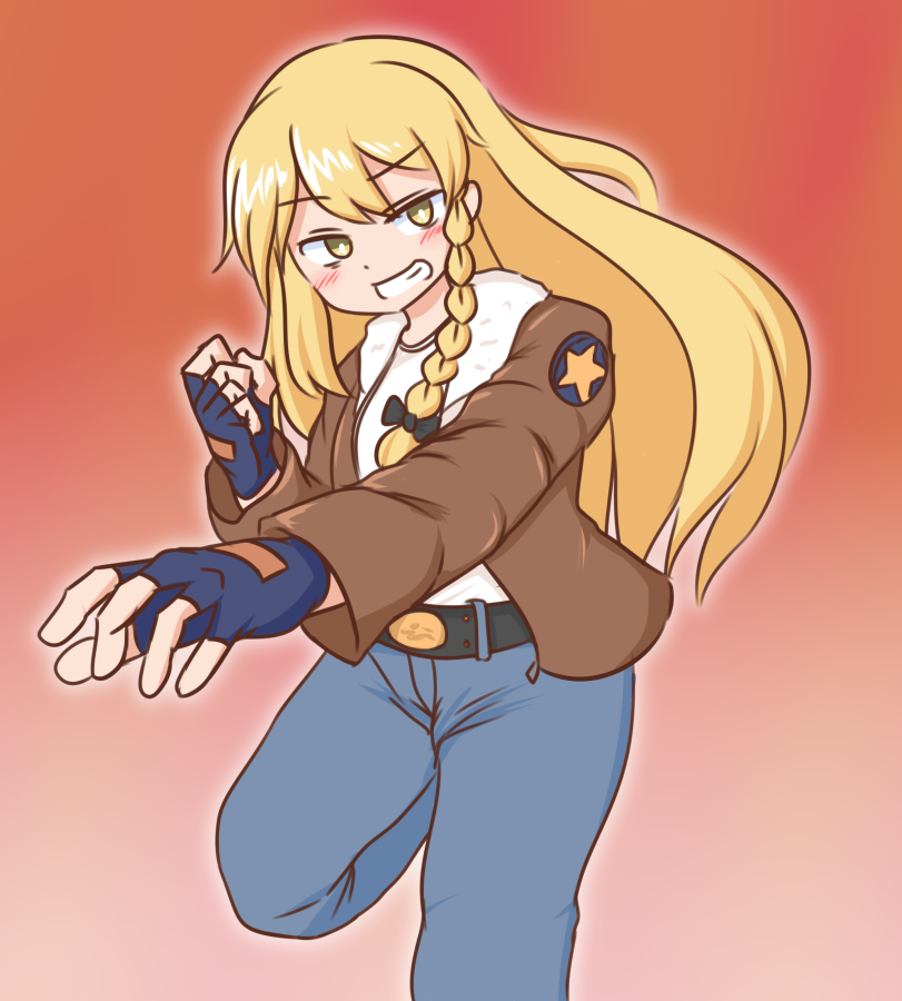 1girl, blonde_hair, blue_gloves, blue_pants, bow, braid, brown_jacket, commission