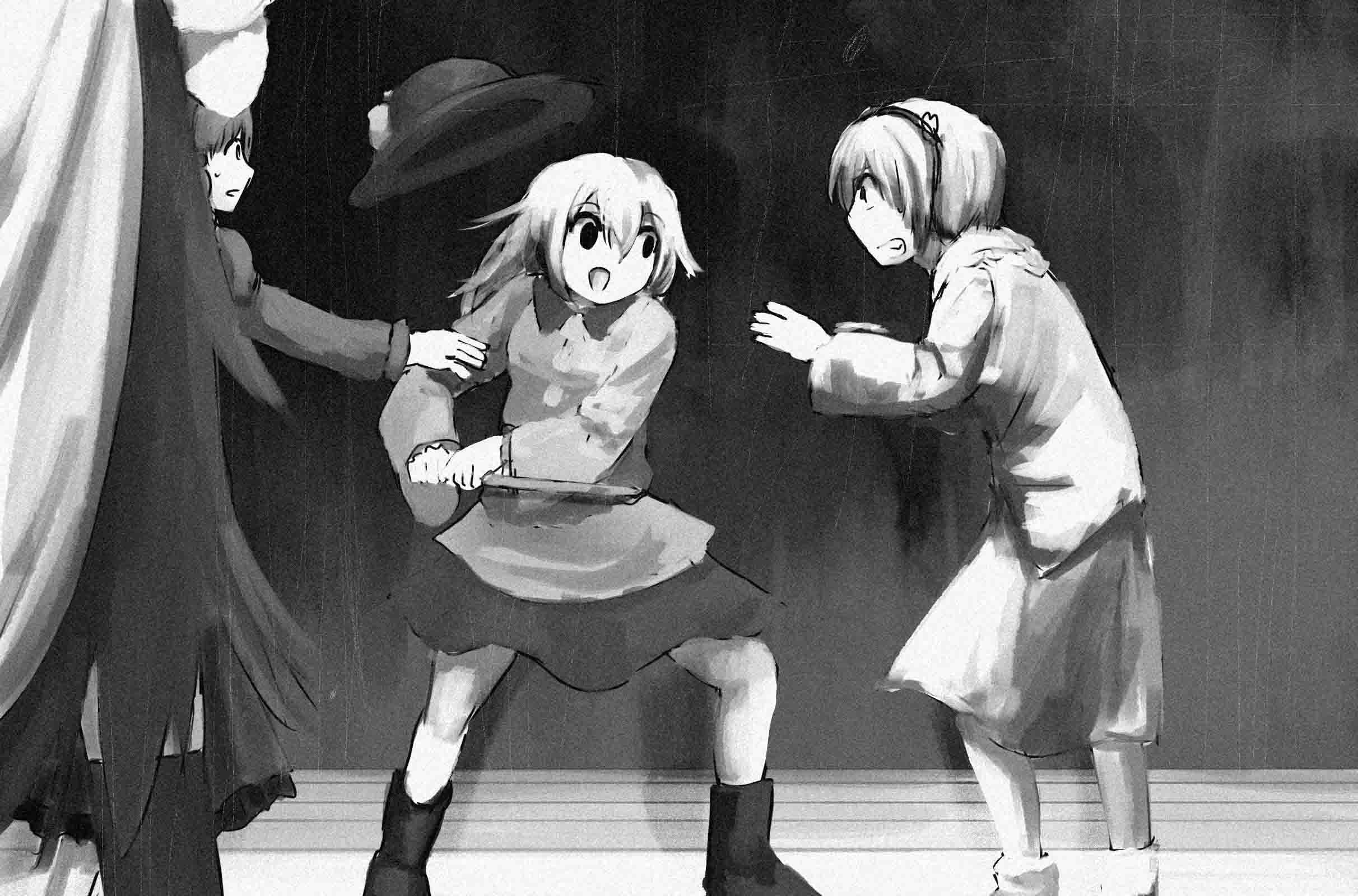 4girls, :d, assassination_of_asanuma_inejiro, bangs, bibitto_(kemushima3), boots, clenched_teeth, commentary_request, eyebrows_visible_through_hair, full_body, greyscale, hair_between_eyes, hairband, hat, heart, highres, holding, holding_sword, holding_weapon, juliet_sleeves, kaenbyou_rin, kneehighs, komeiji_koishi, komeiji_satori, long_sleeves, looking_at_another, medium_hair, monochrome, multiple_girls, open_mouth, photo-referenced, puffy_sleeves, reiuji_utsuho, shirt, skirt, smile, socks, sword, teeth, touhou, wakizashi, weapon, wings
