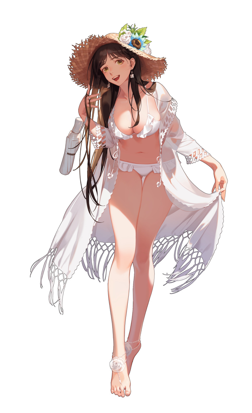 1girl, :d, absurdres, bangs, barefoot, bikini, black_survival, blush, breasts, brown_hair, collarbone, earrings, flower, full_body, gweon_sua, hat, hat_flower, highres, holding, holding_clothes, jewelry, large_breasts, leaf, legs, lips, long_hair, looking_at_viewer, navel, official_alternate_costume, official_art, open_clothes, open_mouth, shadow, smile, solo, standing, stomach, straw_hat, sunlight, swimsuit, toenails, transparent_background, umbrella, upper_teeth, white_bikini, white_footwear, white_umbrella, yamakawa
