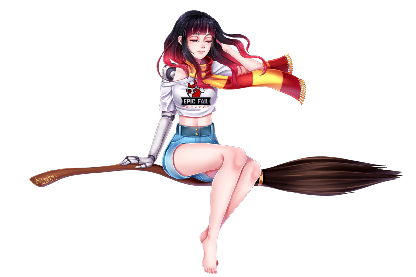 bare_legs, bare_shoulders, barefoot, broom, broom_riding, cosplay, epic_fail_project, epica-chan