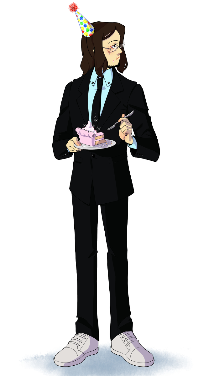 arms_up, birthday, birthday_cake, black_jacket, black_legwear, black_neckwear, blue_shirt, brown_hair