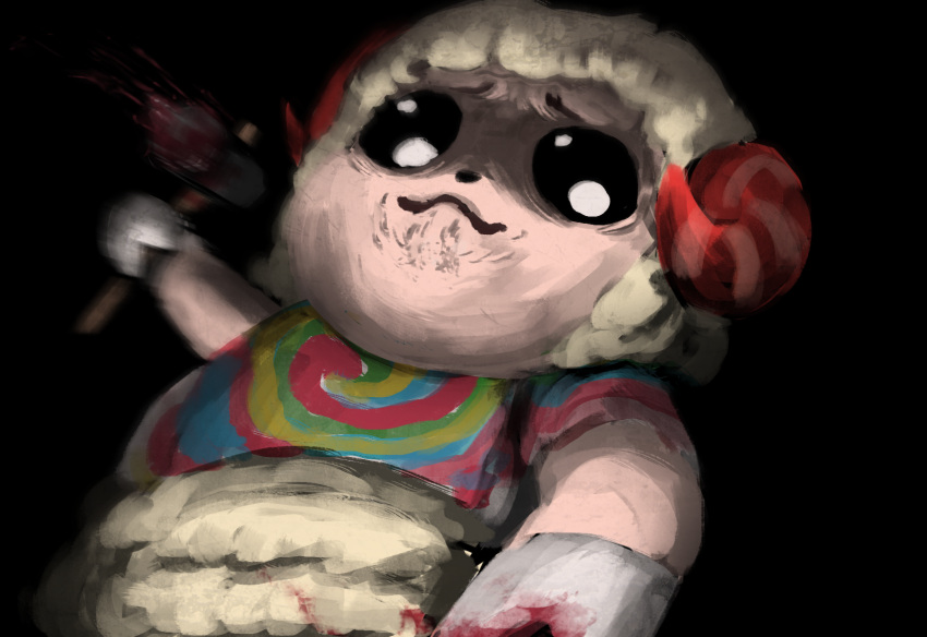 1boy, animal_crossing, bibitto_(kemushima3), black_background, blood, bloody_weapon, closed_mouth, commentary_request