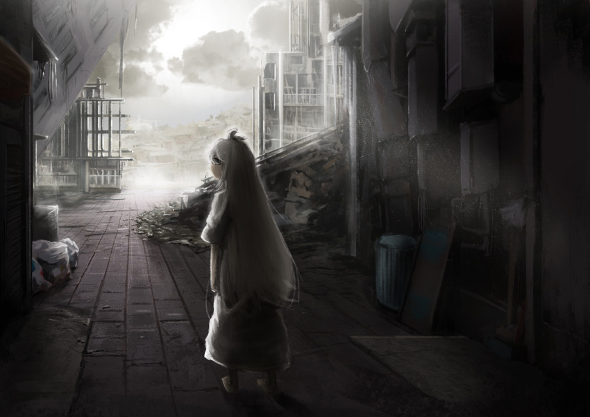 1girl, bangs, barefoot, bibitto_(kemushima3), black_ribbon, build, city, clouds