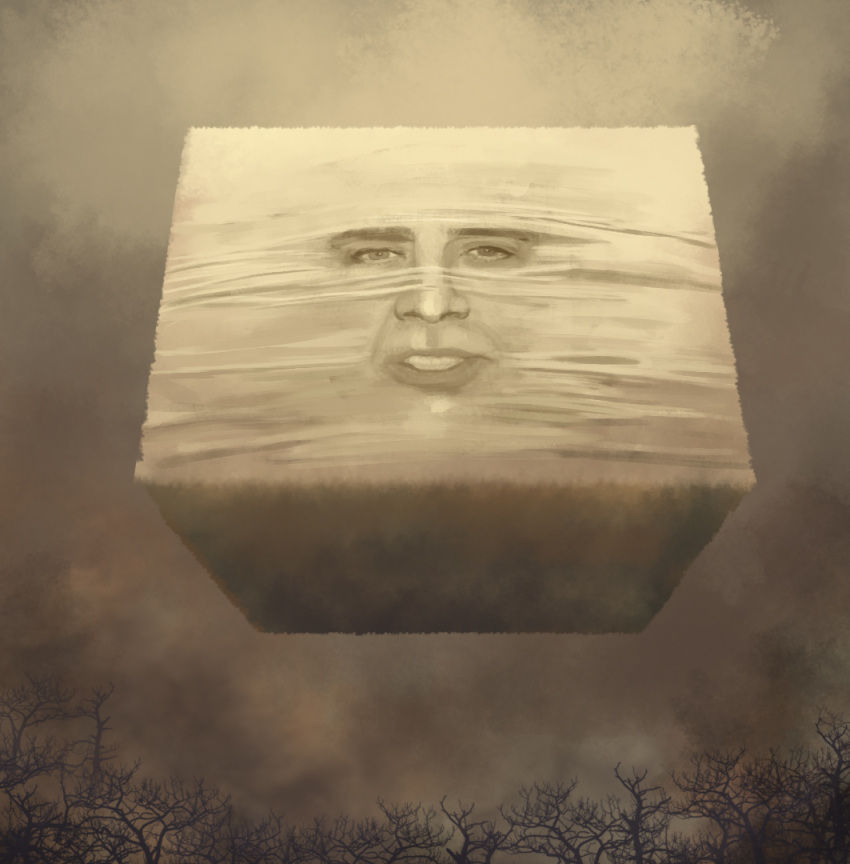 bare_tree, bibitto_(kemushima3), brown_theme, commentary, cube, face, forest, nature, nicolas_cage, no_humans, original, surreal, tree