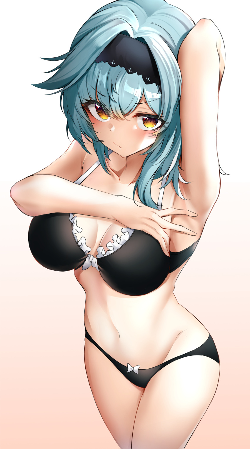 1girl, absurdres, arm_across_chest, arm_up, armpits, bangs, black_bra, black_hairband