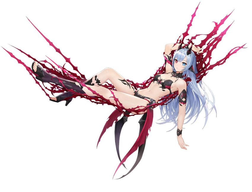 1girl, arm_up, armlet, armpits, bare_shoulders, black_footwear, blue_eyes, blue_hair