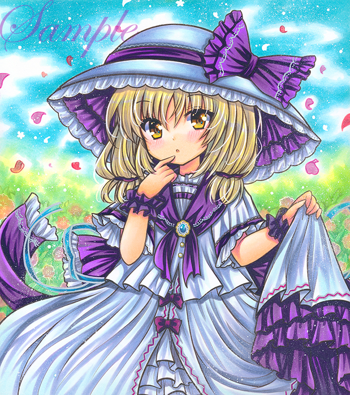 1girl, bangs, blonde_hair, bow, dress, eyebrows_visible_through_hair, grass, hair_between_eyes, hand_on_own_face, hands_up, hat, louise_(touhou), louise_francoise_le_blanc_de_la_valliere, marker_(medium), medium_hair, petals, purple_bow, purple_wristband, rui_(sugar3), sky, solo, touhou, touhou_(pc-98), traditional_media, white_dress, white_headwear, wristband, yellow_eyes