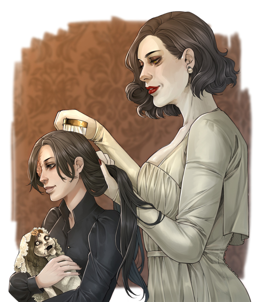2girls, absurdres, alcina_dimitrescu, angie_(resident_evil), annasassiart, black_hair, black_shirt, brushing_another's_hair, doll, donna_beneviento, dress, earrings, eyeshadow, hair_brush, hair_brushing, highres, holding, holding_another's_hair, holding_doll, jewelry, lipstick, long_hair, long_sleeves, makeup, multiple_girls, pale_skin, resident_evil, resident_evil_village, shirt, short_hair, smile, white_dress, yellow_eyes