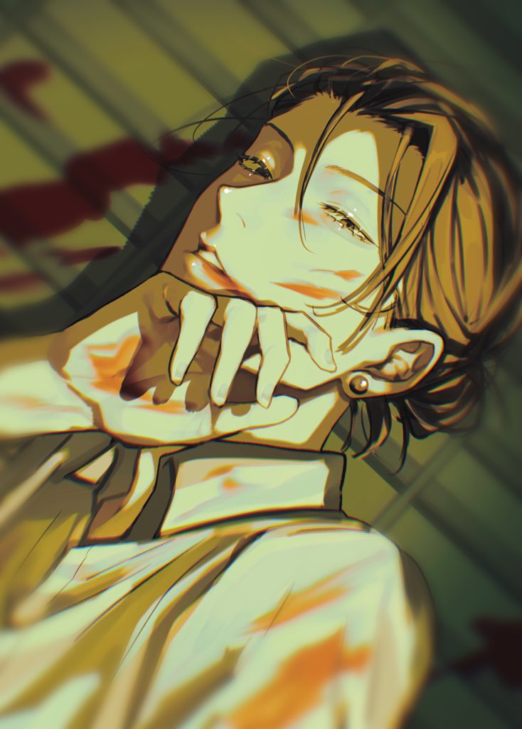 1boy, bangs, black_eyes, black_hair, blood, blood_on_face, blood_splatter, bloody_clothes, bloody_hands, collared_shirt, dress_shirt, ear_piercing, getou_suguru, hair_bun, hand_up, jujutsu_kaisen, kuropani_cos, looking_at_viewer, male_focus, parted_lips, piercing, shirt, short_hair, solo, upper_body, white_shirt