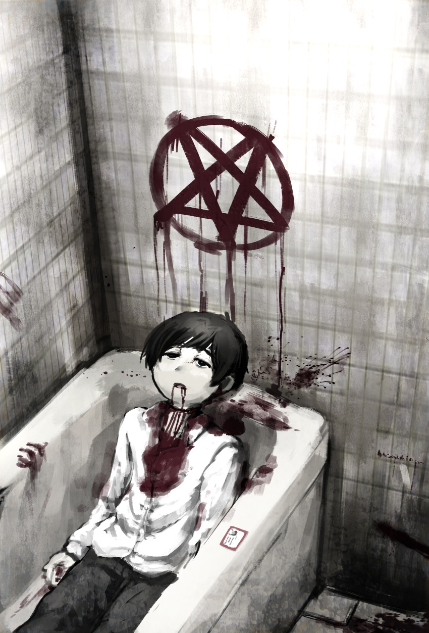 1boy, absurdres, bangs, bathtub, bibitto_(kemushima3), black_eyes, black_hair, blood