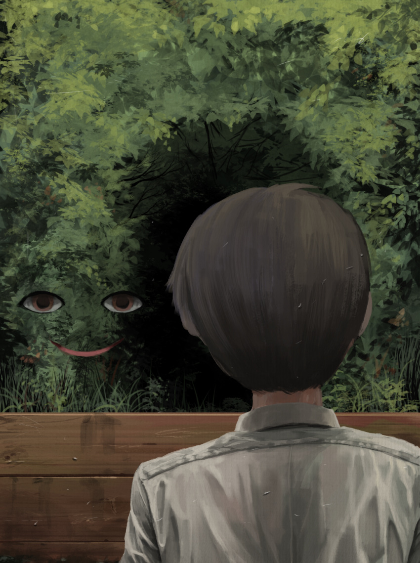 1boy, bibitto_(kemushima3), brown_eyes, brown_hair, bush, commentary_request, disembodied_eye, disembodied_mouth