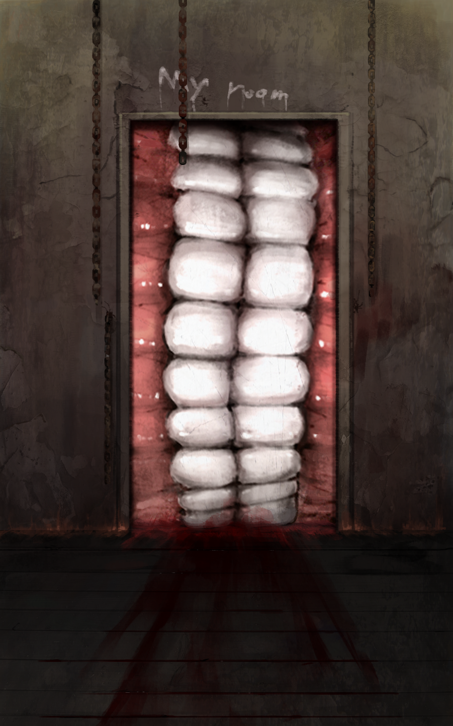 bibitto_(kemushima3), blood, blood_trail, chain, commentary_request, doorway, english_text, highres