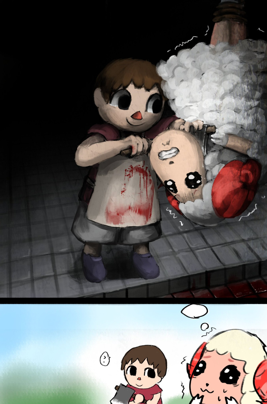 2boys, ?, animal, animal_crossing, apron, axe, bibitto_(kemushima3), black_eyes