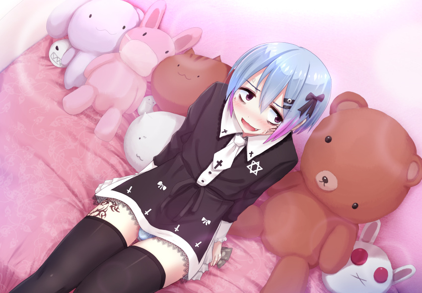 1boy, anger_vein, bangs, bibitto_(kemushima3), black_bow, black_dress, black_legwear, blue_hair, blush, bow, commentary_request, cowboy_shot, cross, crossdressinging, dress, eyebrows_visible_through_hair, fang, gradient_hair, hair_between_eyes, hair_bow, hair_ornament, hairclip, hexagram, highres, leg_tattoo, looking_to_the_side, male_focus, multicolored_hair, open_mouth, original, purple_hair, short_hair, solo, star_of_david, stuffed_animal, stuffed_bunny, stuffed_cat, stuffed_elephant, stuffed_toy, tattoo, teddy_bear, thigh-highs, violet_eyes, white_bow