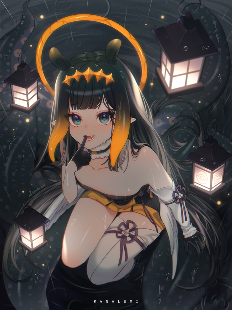 1girl, 2nii, arm_support, bangs, black_collar, black_gloves, black_hair, blue_eyes