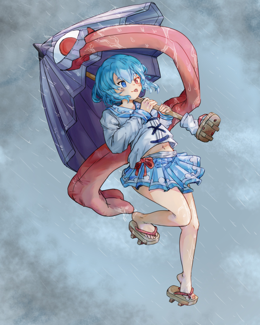 1girl, bangs, blue_eyes, blue_hair, blue_skirt, blush, chaosexceed, flying, geta, heterochromia, highres, holding, holding_umbrella, navel, no_socks, purple_umbrella, rain, red_eyes, sailor_collar, skirt, tatara_kogasa, tongue, tongue_out, touhou, umbrella, uniform