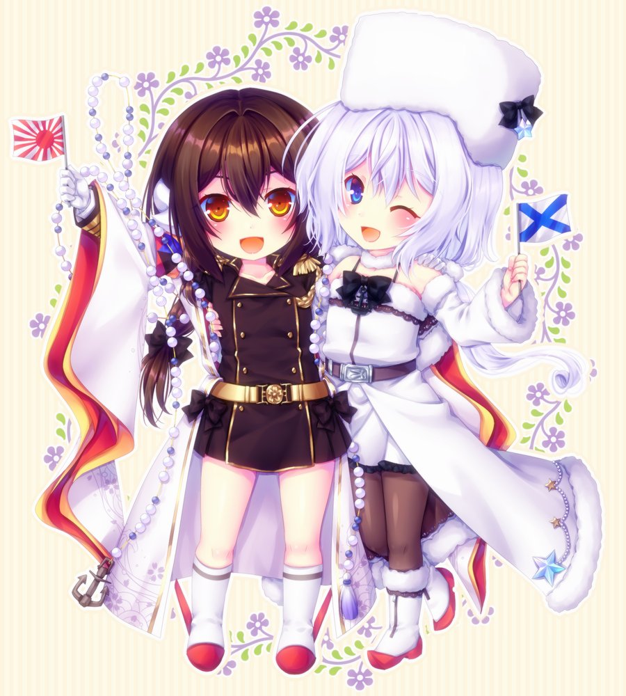 2girls, azur_lane, black_hair, blue_eyes, boots, commentary_request, flag, full_body, hat, horns, imperial_war_flag, jacket, looking_at_viewer, mikasa_(azur_lane), mikoto_(mikoto_r_a), military, military_uniform, multiple_girls, one_eye_closed, pantyhose, russian_flag, silver_hair, uniform, winter_clothes, yellow_eyes, younger