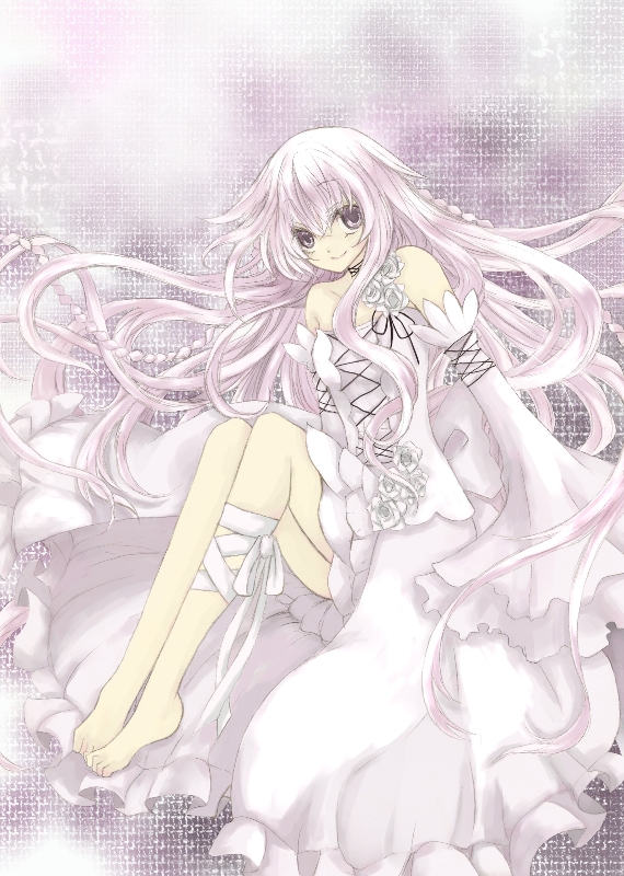bandage, barefoot, braid, detached_sleeves, dress, flower, lampnote17, long_hair