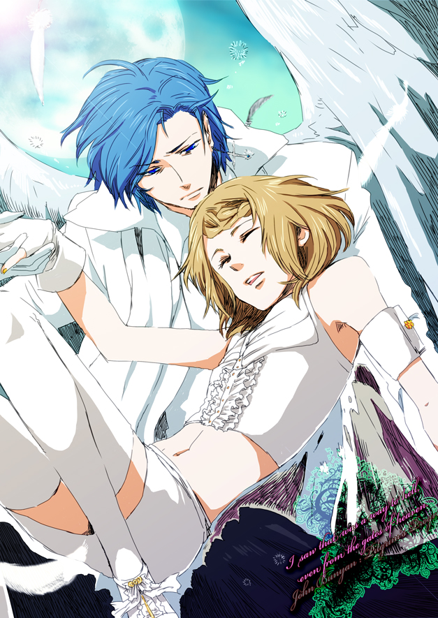 angel_wings, blonde_hair, blue_eyes, blue_hair, closed_eyes, gloves, himitsu_~kuro_no_chikai~_(vocaloid), izuxco