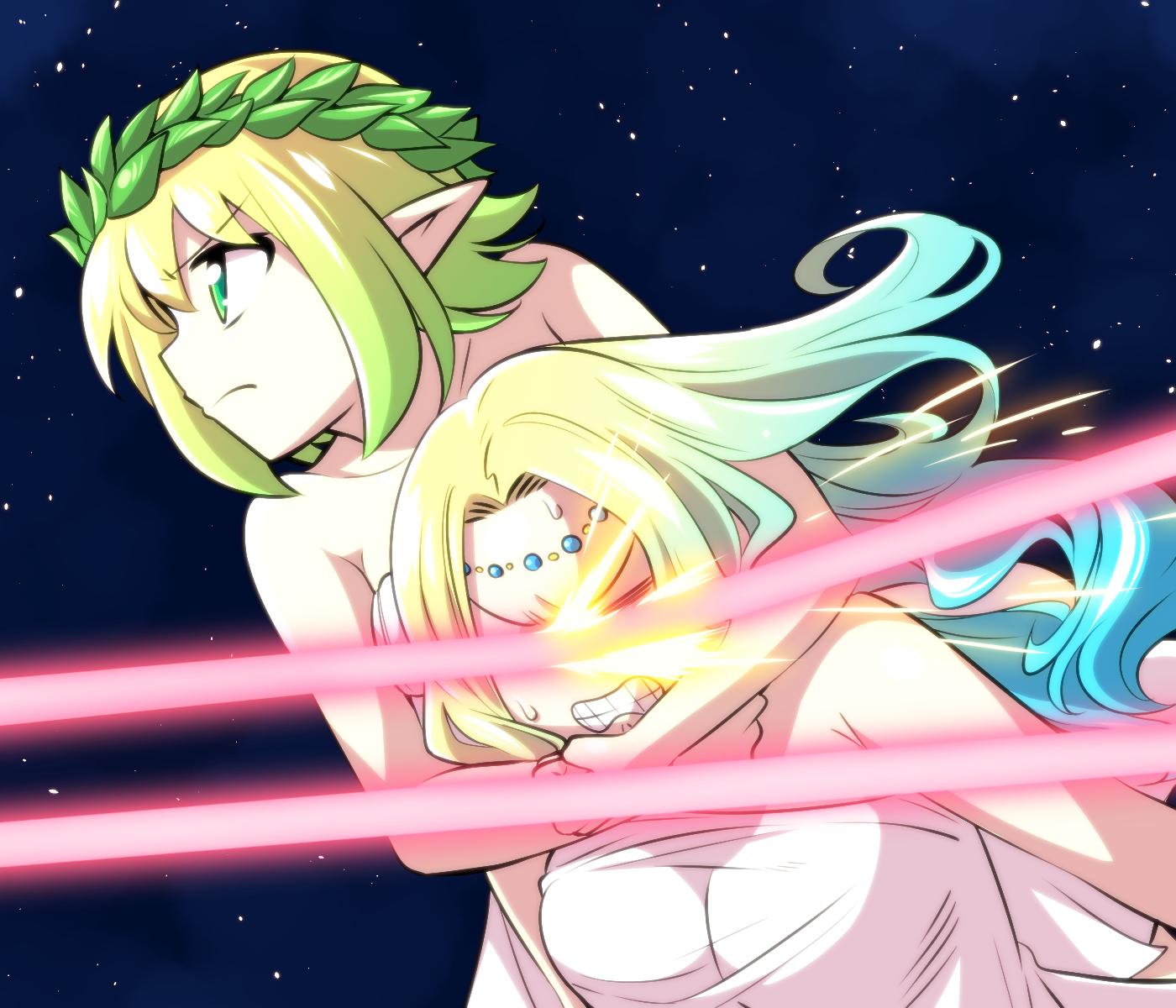 2girls, aqua_hair, bare_shoulders, dress, g-forest_goddess_(ishiyumi), g-spring_goddess_(ishiyumi), g_gundam, gradient_hair