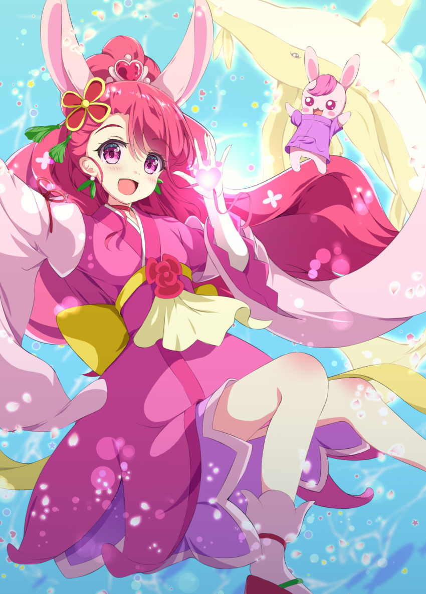 1girl, :d, animal_ears, blue_background, commentary_request, cure_grace, floating_hair, glowing