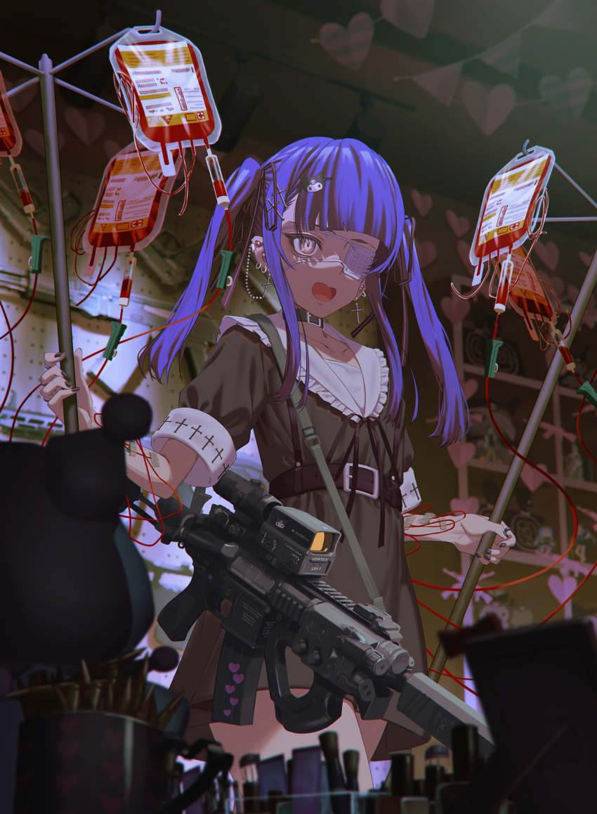 1girl, absurdres, black_dress, black_nails, blood, blood_bag, blue_hair, blurry