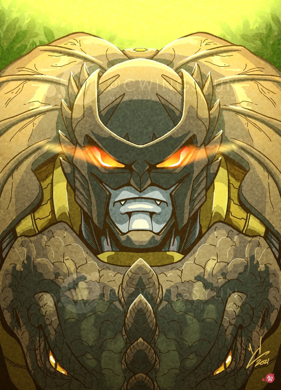 1boy, artist_name, beast_wars, fangs, frown, glowing, glowing_eyes, highres