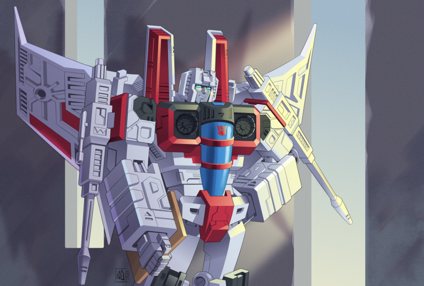 1boy, arm_cannon, blue_eyes, decepticon, hand_on_hip, highres, lantana0_0, looking_down