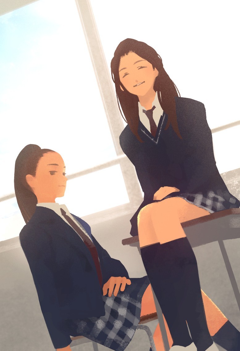 2girls, blazer, blue_jacket, blue_sweater, brown_hair, chair, closed_eyes, collared_shirt
