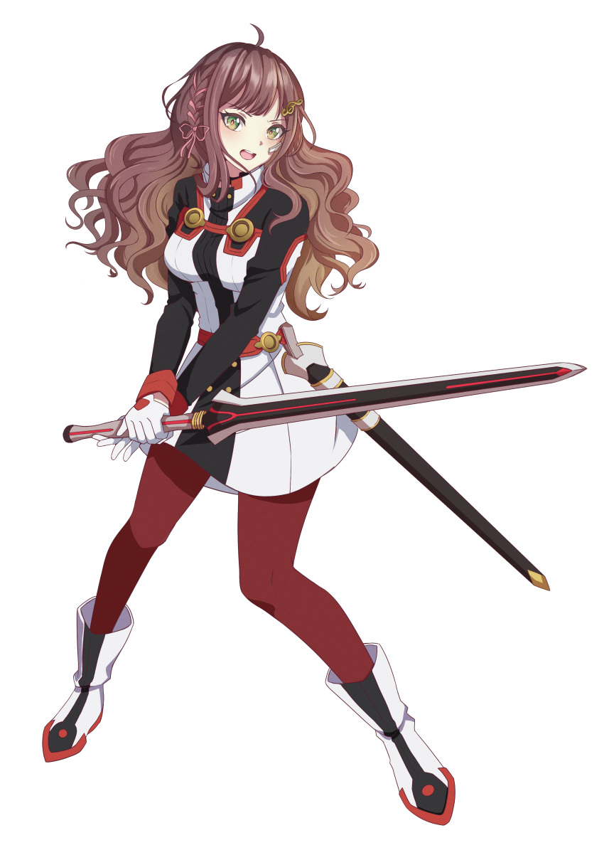 1girl, absurdres, alternate_costume, bangs, black_footwear, black_jacket, blush, boots, braid, breasts, brown_hair, green_eyes, hair_ornament, headset, highres, holding, holding_sword, holding_weapon, jacket, medium_breasts, miori_celesta, open_mouth, pantyhose, shinhrofficer, solo, sword, treble_clef_hair_ornament, tsunderia, two-tone_jacket, virtual_youtuber, weapon, white_background, white_footwear, white_jacket