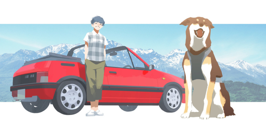1girl, animal, black_hair, capri_pants, car, closed_eyes, collared_shirt, dog, forest, full_body, green_pants, ground_vehicle, hands_in_pockets, harness, motor_vehicle, mountain, mountainous_horizon, nature, oomiya_io, open_mouth, original, outdoors, pants, peugeot, peugeot_205, shirt, shoes, short_hair, short_sleeves, sky, smile, solo, standing, sweater_vest, tree, white_footwear, white_shirt