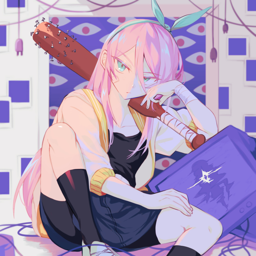 1girl, aqua_eyes, aqua_hairband, aubrey_(faraway)_(omori), aubrey_(omori), bandaged_wrist, bandaid, bandaid_on_cheek, bangs, baseball_bat, bike_shorts, black_shirt, black_shorts, blue_skirt, bow_hairband, cable, calf_socks, closed_mouth, collarbone, commentary, crop_top, cross-laced_footwear, crt, distortion, elbow_rest, electric_plug, english_commentary, expressionless, eyebrows_visible_through_hair, eyes, foot_out_of_frame, hair_between_eyes, hair_dye, hairband, head_rest, highres, jacket, kazuukarazu, knee_up, letterman_jacket, long_hair, looking_at_viewer, miniskirt, nail, nail_bat, omori, open_clothes, open_jacket, over_shoulder, photo_(object), pink_hair, shirt, shoes, shorts, shorts_under_skirt, sitting, sitting_on_floor, skirt, socks, solo, something_(omori), spread_legs, symbol_commentary, teenage, television, tomboy, weapon, weapon_over_shoulder, white_jacket, young