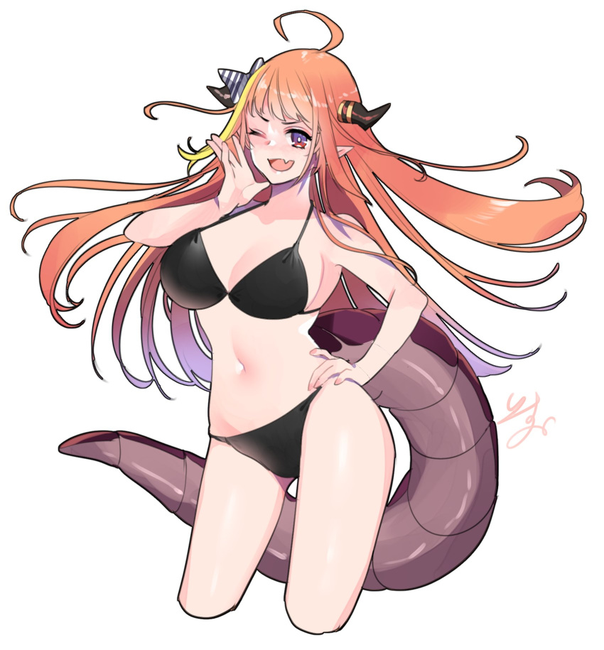 1girl, ahoge, alternate_costume, bikini, black_bikini, blonde_hair, bow, bright_pupils
