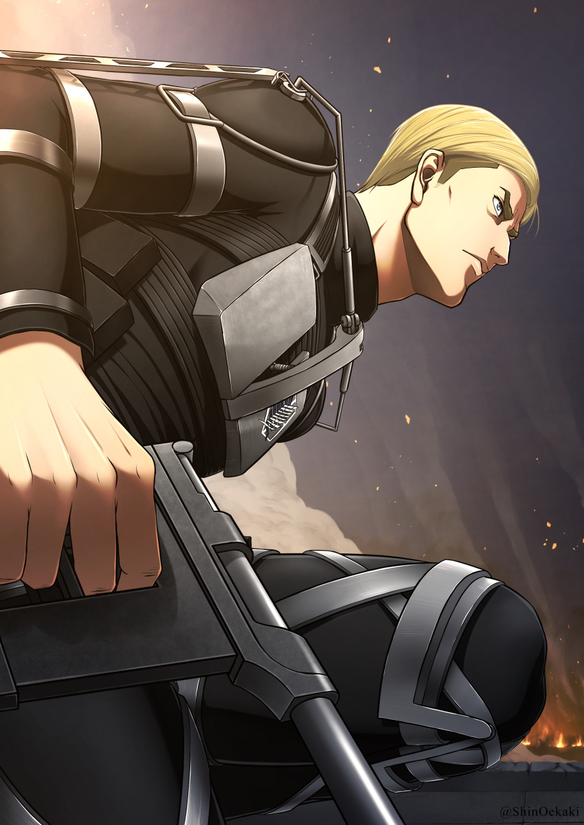 1boy, absurdres, black_bodysuit, blonde_hair, blue_eyes, bodysuit, closed_mouth, commentary_request