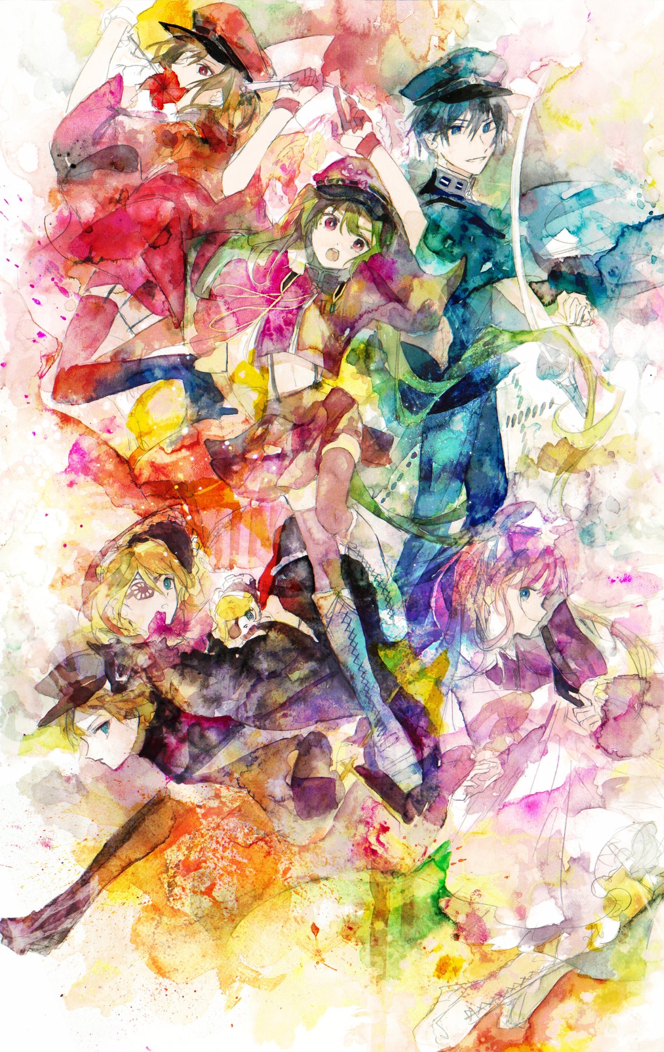 1boy, 4girls, aqua_eyes, arms_up, blonde_hair, blue_eyes, blue_hair, blue_jacket