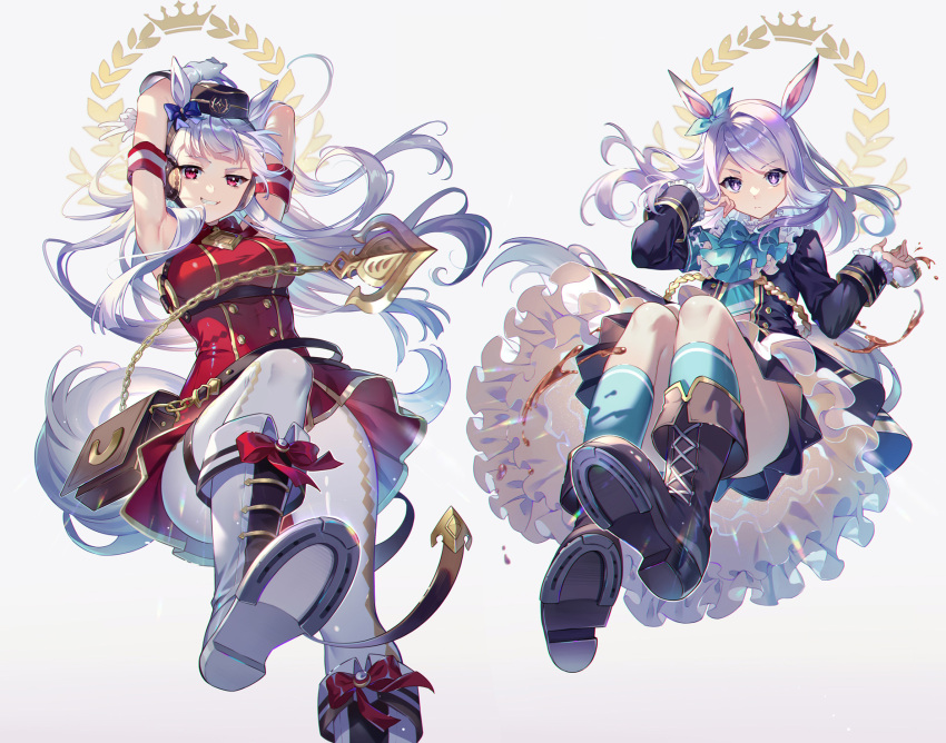 2girls, animal_ears, aqua_bow, aqua_neckwear, aqua_ribbon, black_jacket, blush, boots